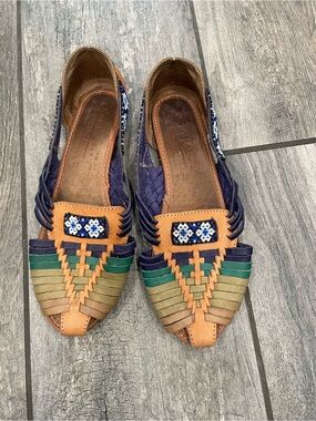 Woven Leather Moccasin Flats in Tan, Navy & Green